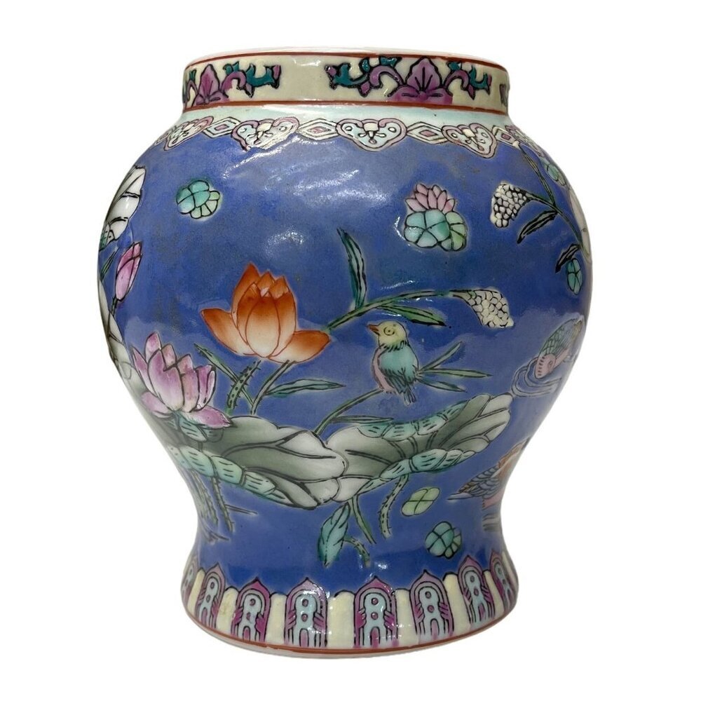Chinese Hand-Painted Enameled Porcelain Vase with Lotus Flowers and Birds | Blue - Picture 2 of 7